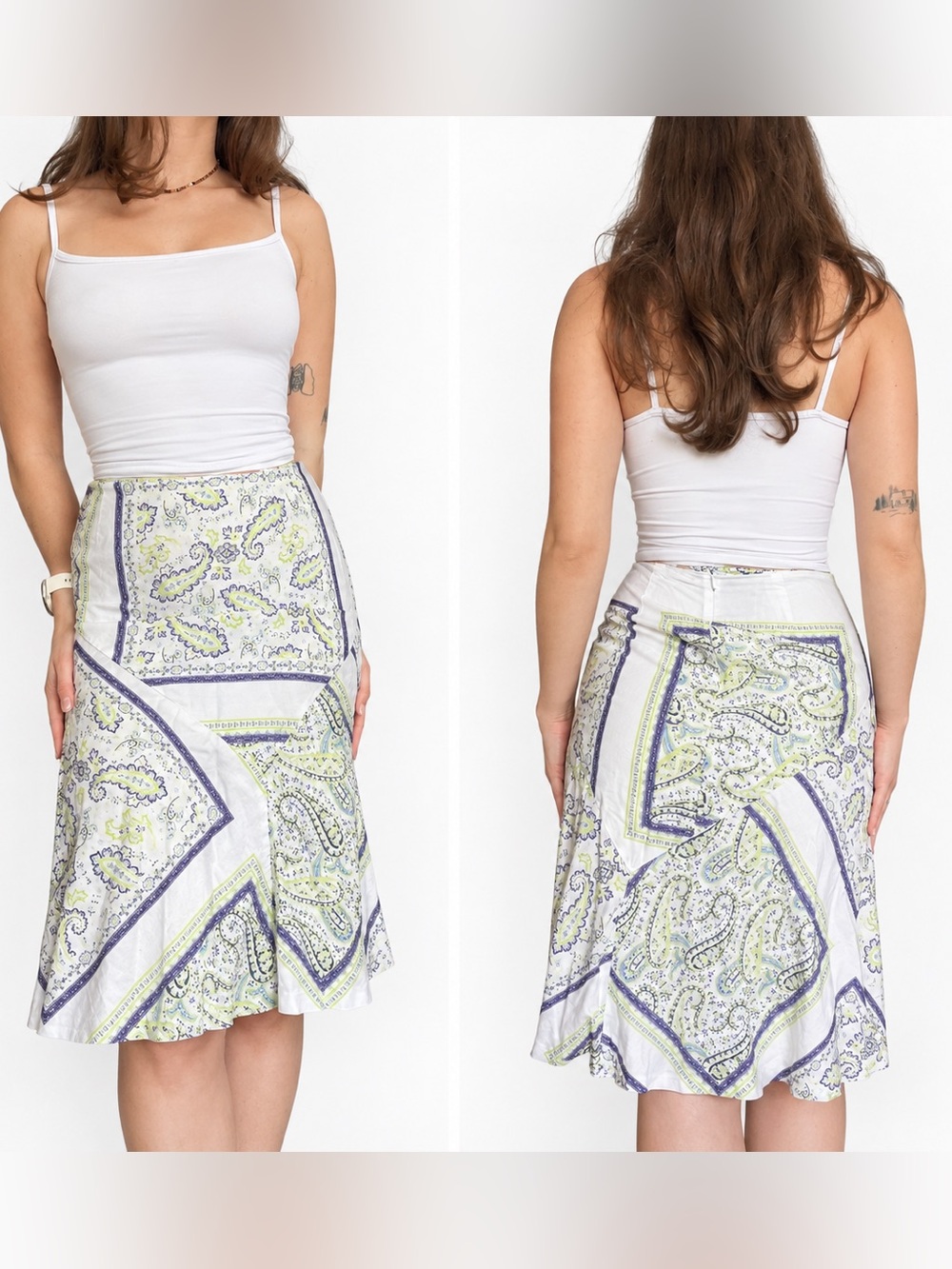 Paisley Print White Midi Skirt with Green & Navy Accents